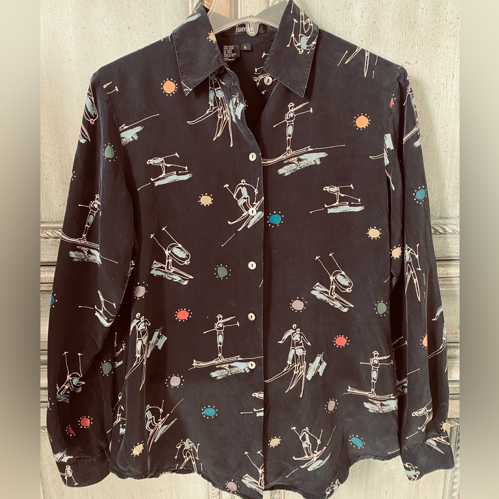 ISHYU Monochrome Silk Blouse with Vintage Ski Pattern.